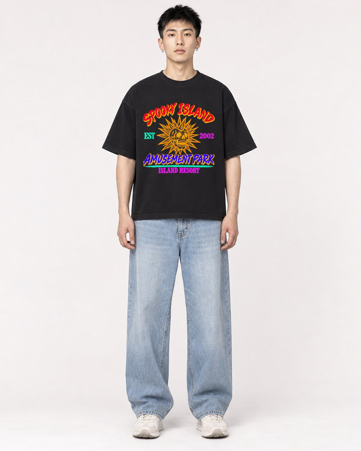 Mockup Boxy Heavyweight Tee Black male full-body 21
