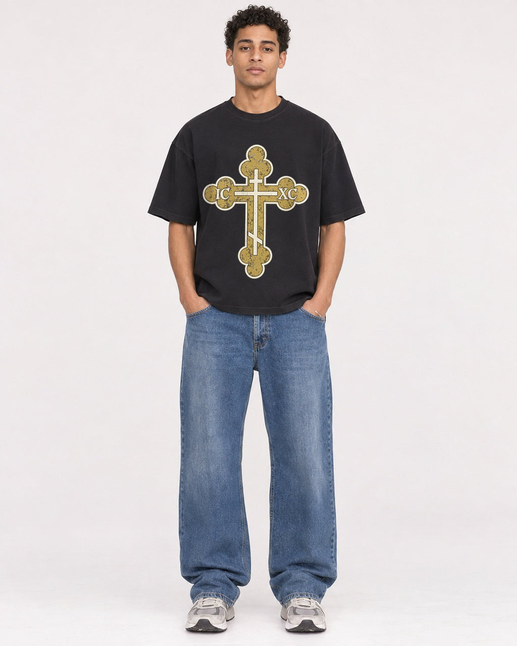 Mockup Boxy Heavyweight Tee Black male full-body 10