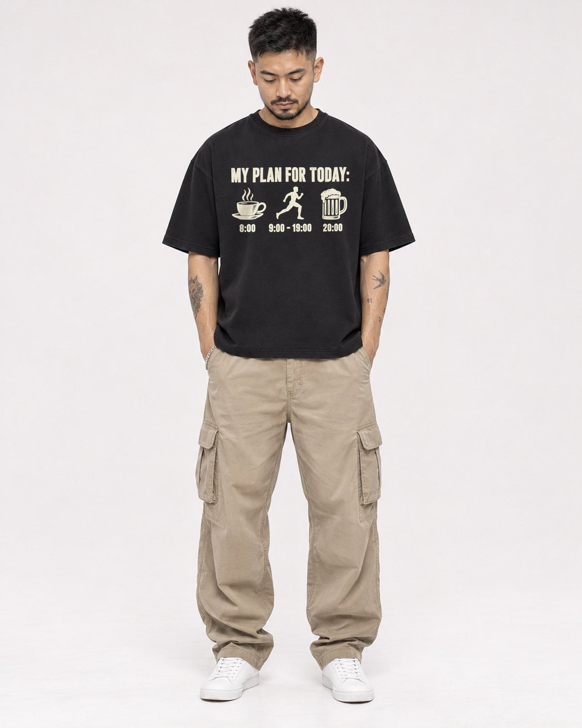 Mockup Boxy Heavyweight Tee Black male full-body 12