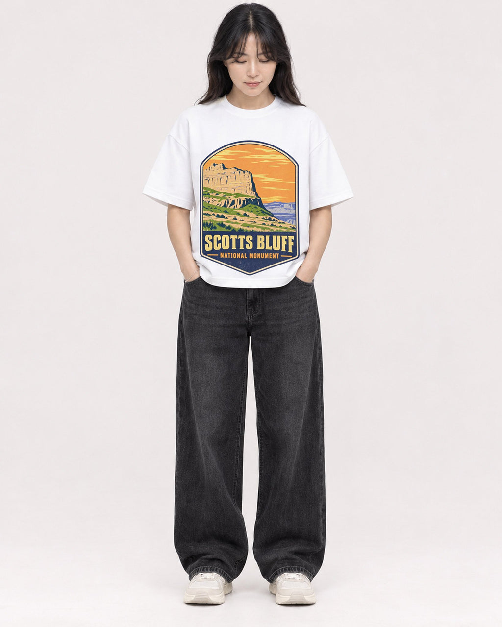 Mockup Boxy Heavyweight Tee White female full-body 13