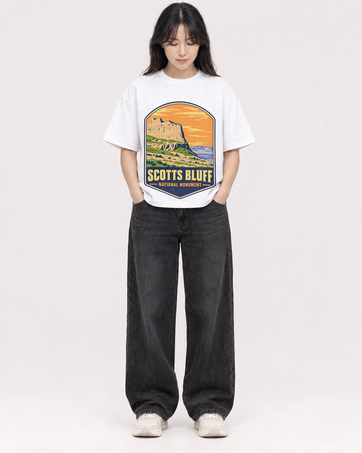Mockup Boxy Heavyweight Tee White female full-body 13