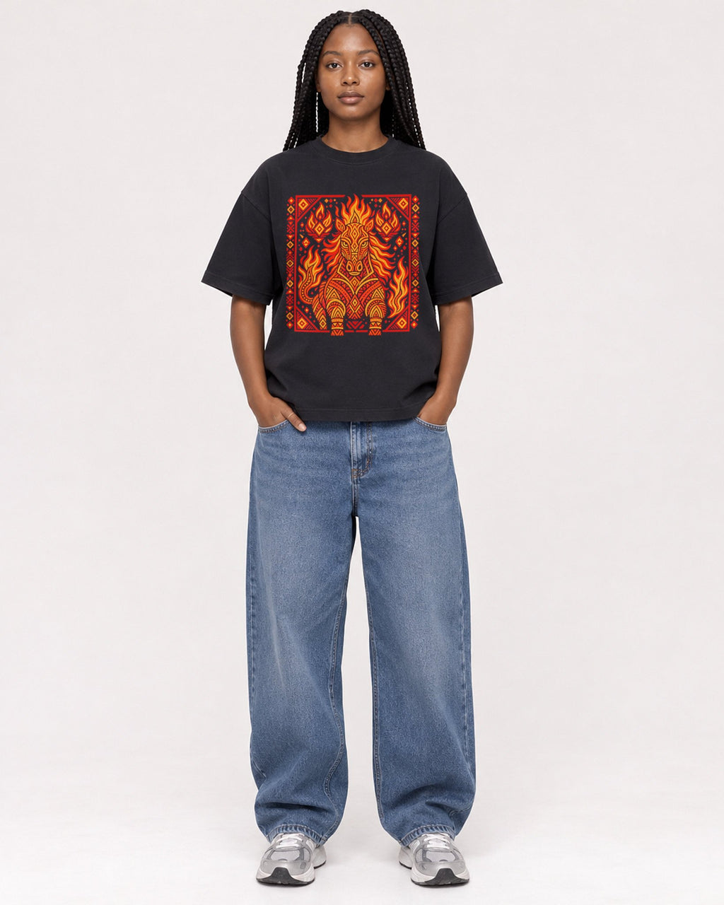 Mockup Boxy Heavyweight Tee Black female full-body 04