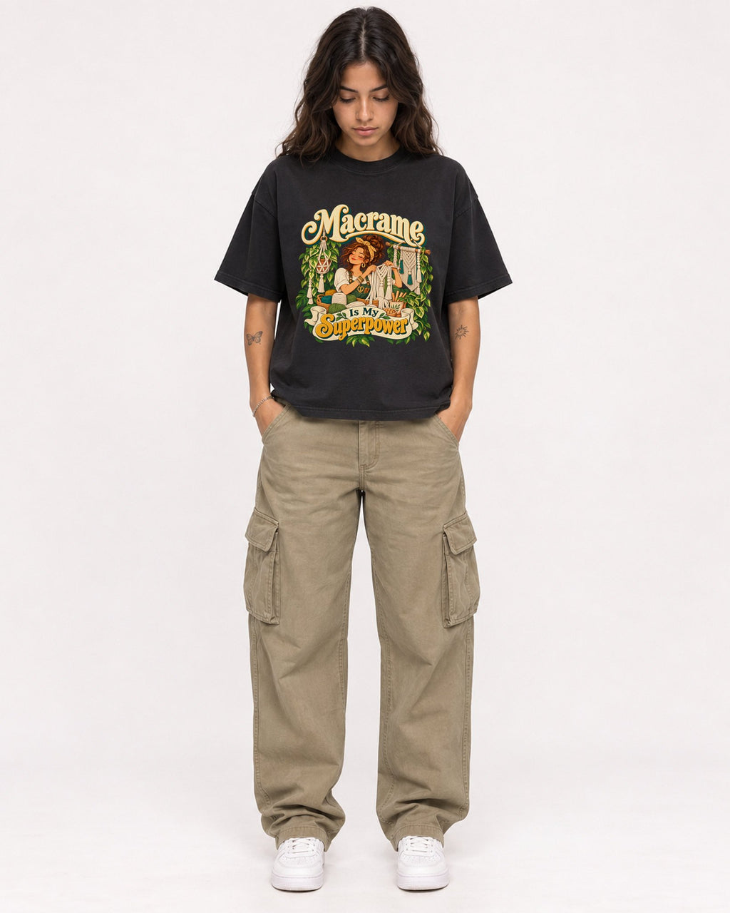 Mockup Boxy Heavyweight Tee Black female full-body 06