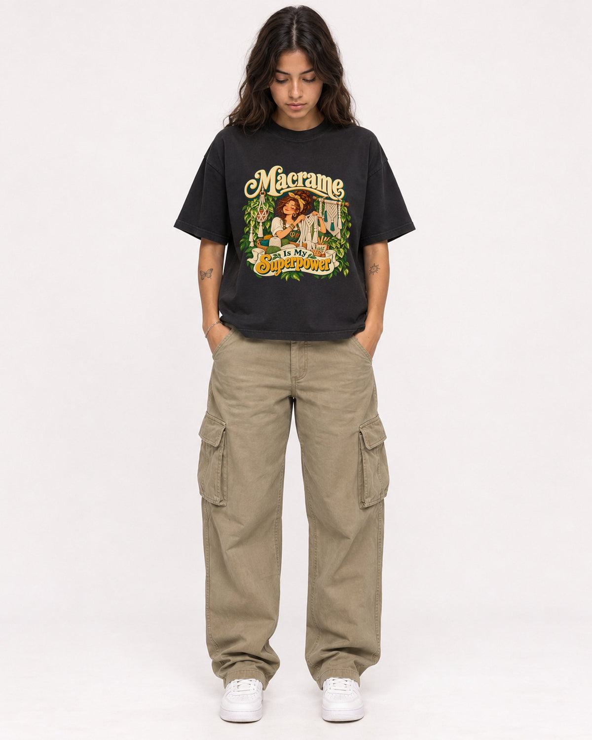 Mockup Boxy Heavyweight Tee Black female full-body 06