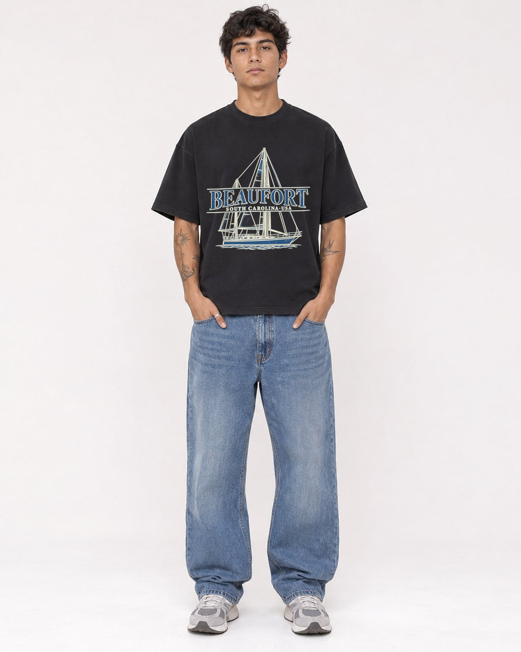 Mockup Boxy Heavyweight Tee Black male full-body 06
