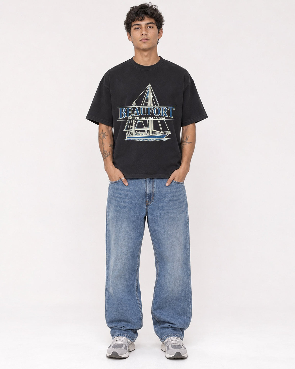 Mockup Boxy Heavyweight Tee Black male full-body 06