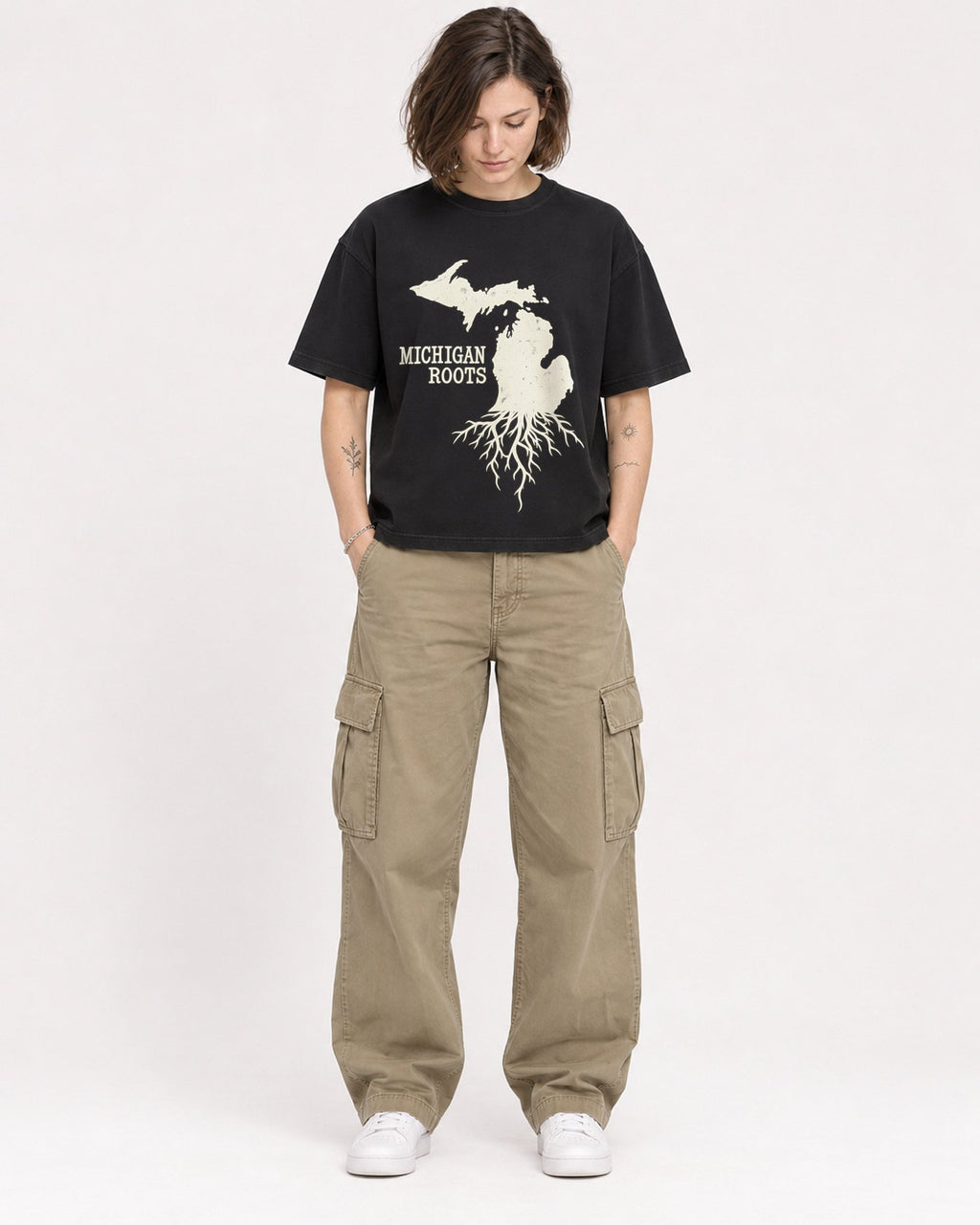 Mockup Boxy Heavyweight Tee Black female full-body 18