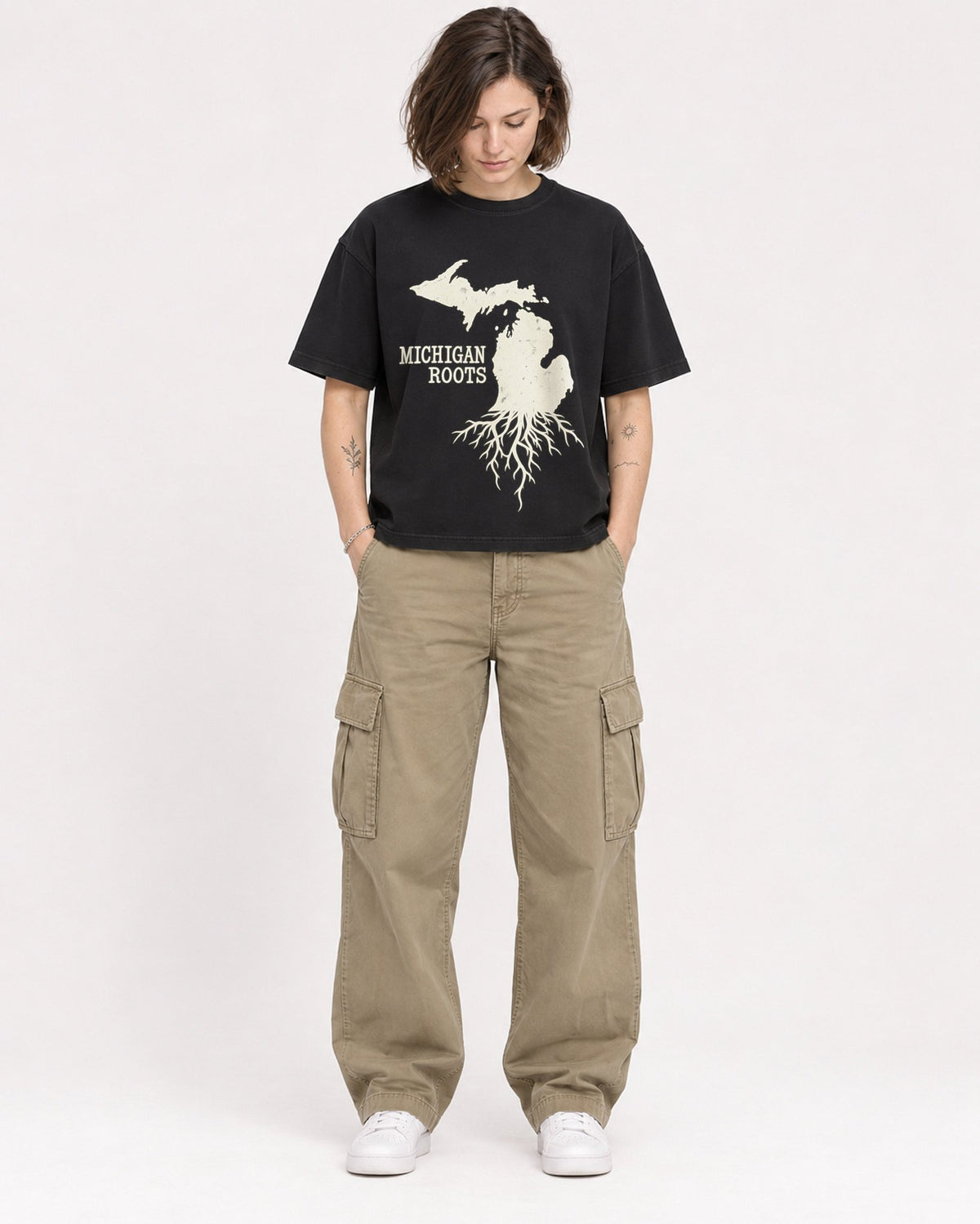 Mockup Boxy Heavyweight Tee Black female full-body 18