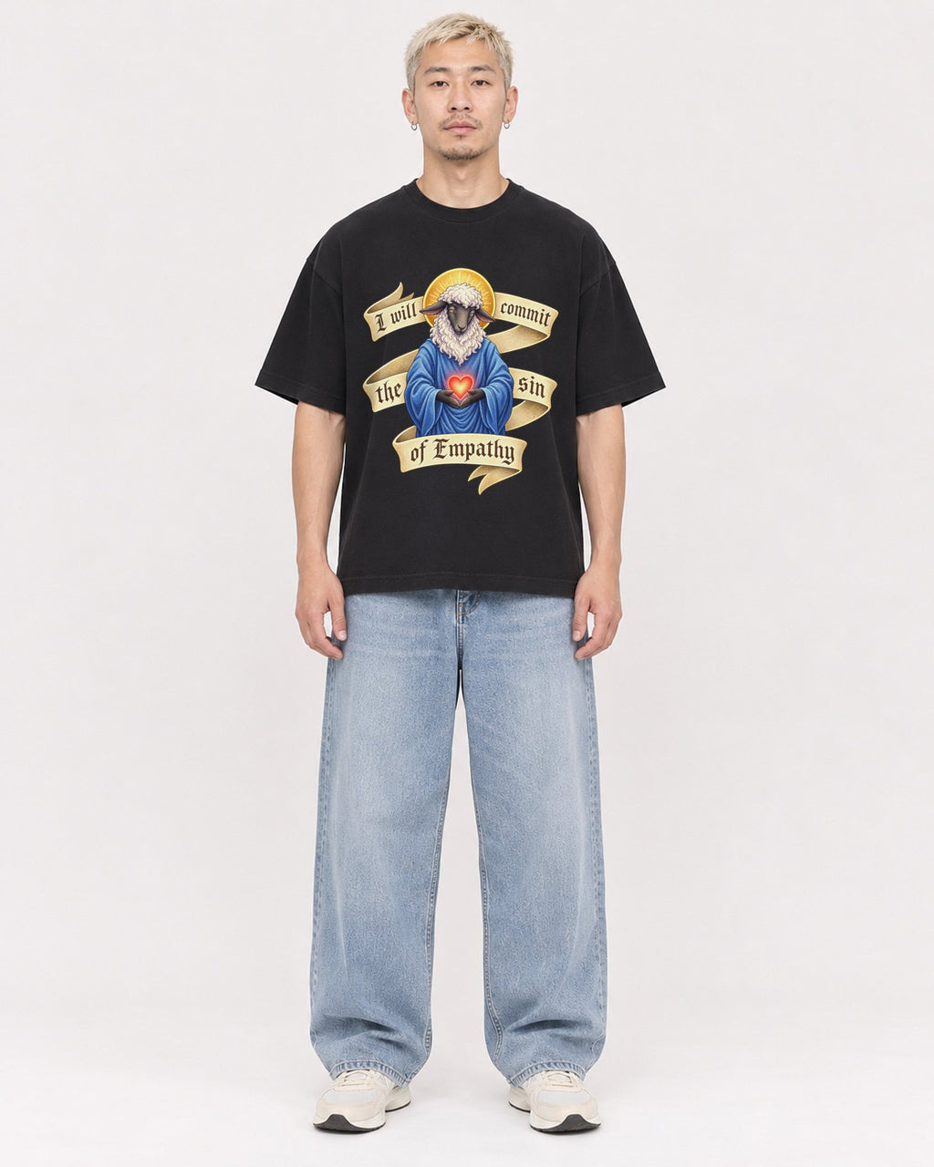 Mockup Boxy Heavyweight Tee Black male full-body 33
