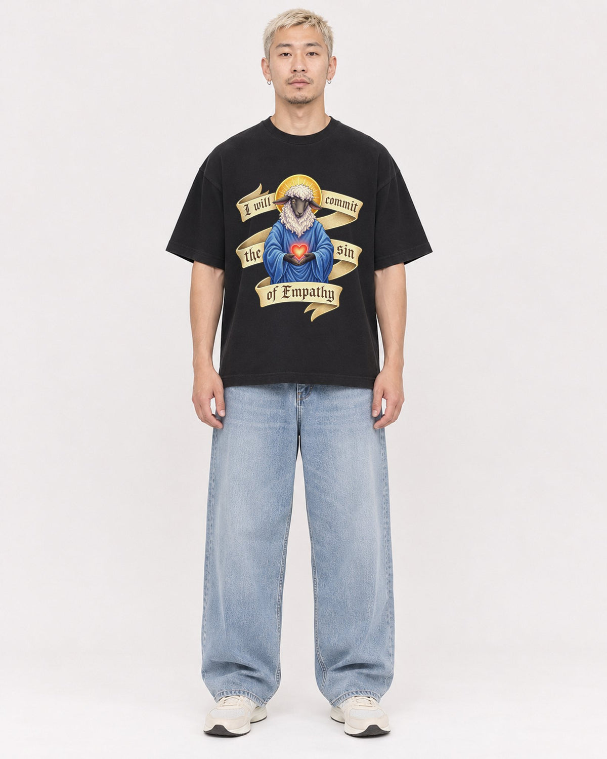 Mockup Boxy Heavyweight Tee Black male full-body 33