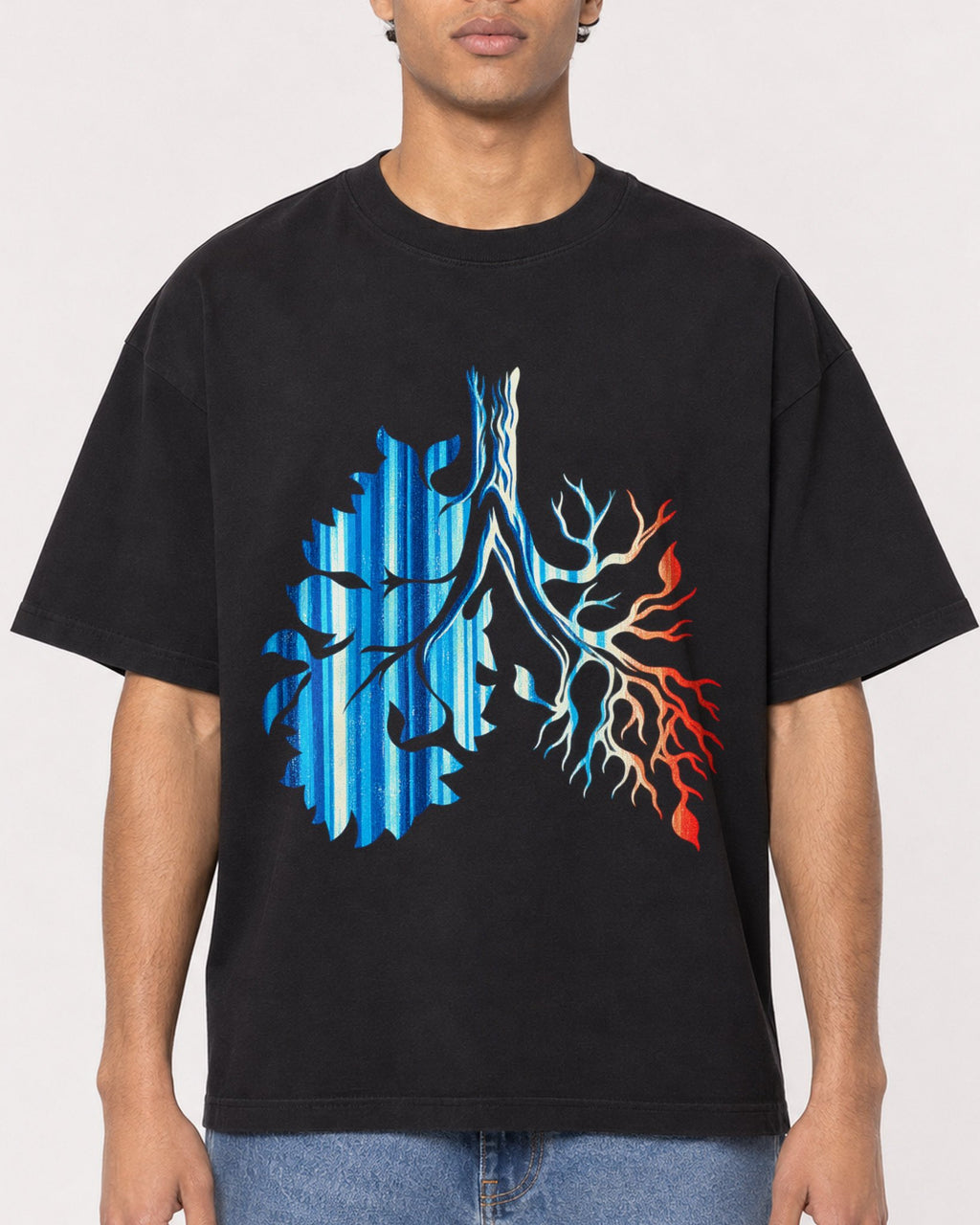 Mockup Boxy Heavyweight Tee Black male close-up 10