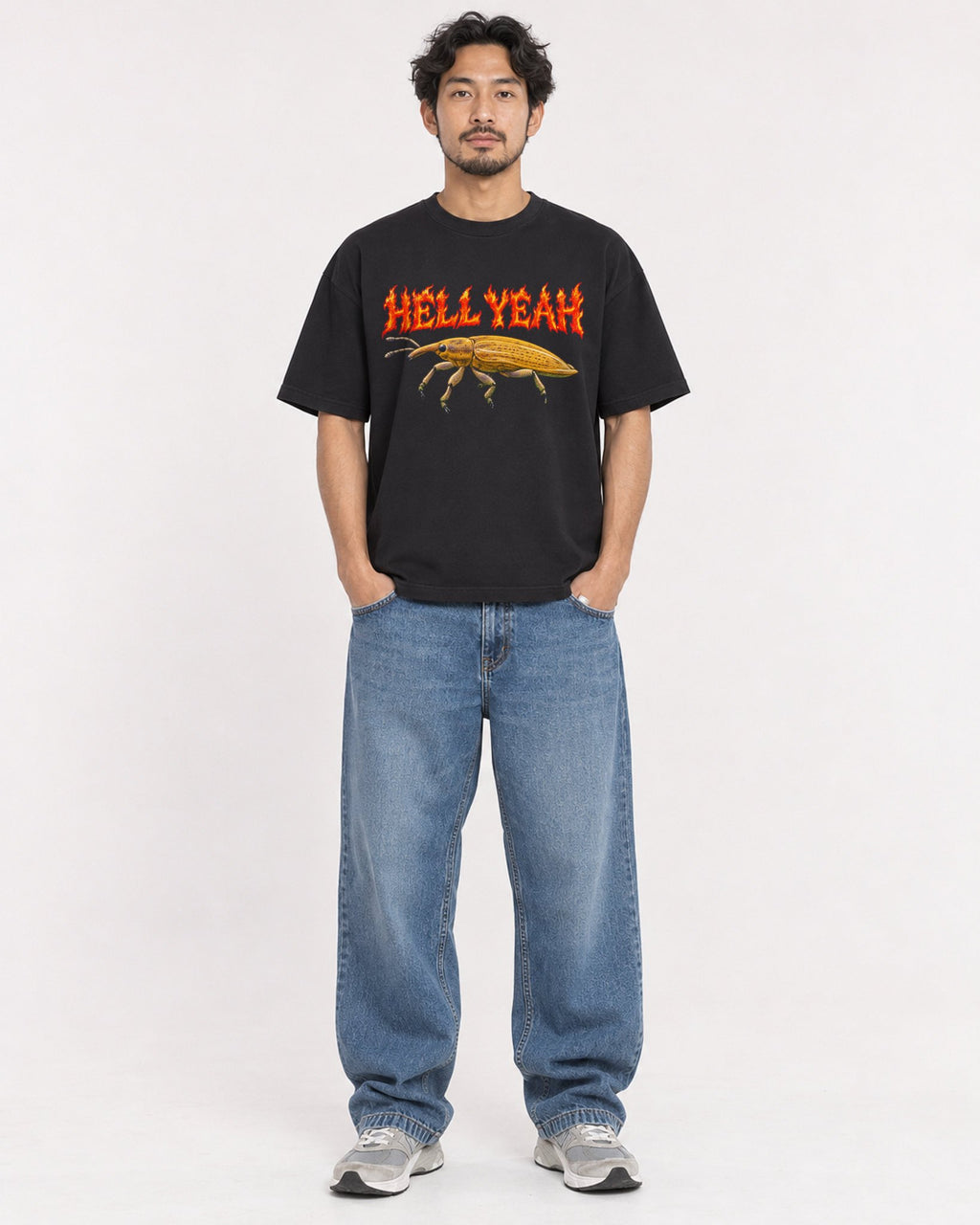 Mockup Boxy Heavyweight Tee Black male full-body 02