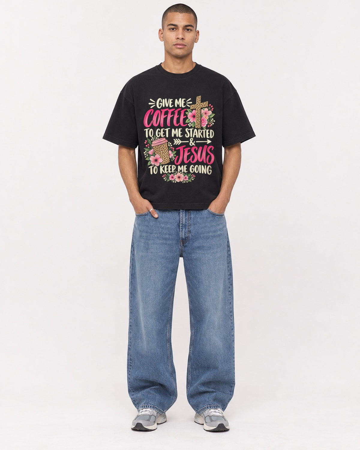 Mockup Boxy Heavyweight Tee Black male full-body 50