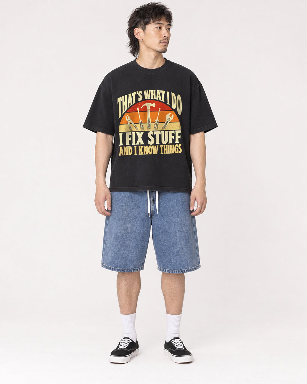 Mockup Boxy Heavyweight Tee Black male full-body 23