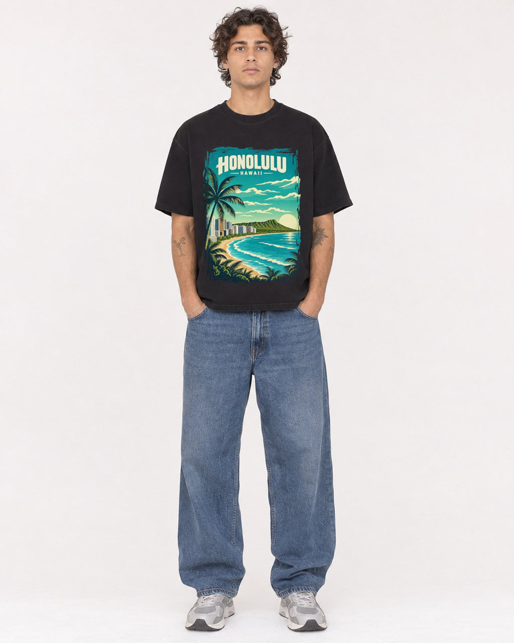 Mockup Boxy Heavyweight Tee Black male full-body 30