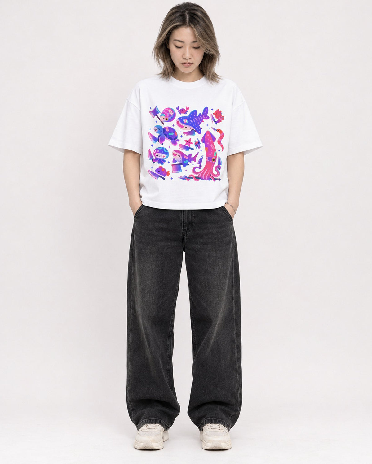 Mockup Boxy Heavyweight Tee White female full-body 33