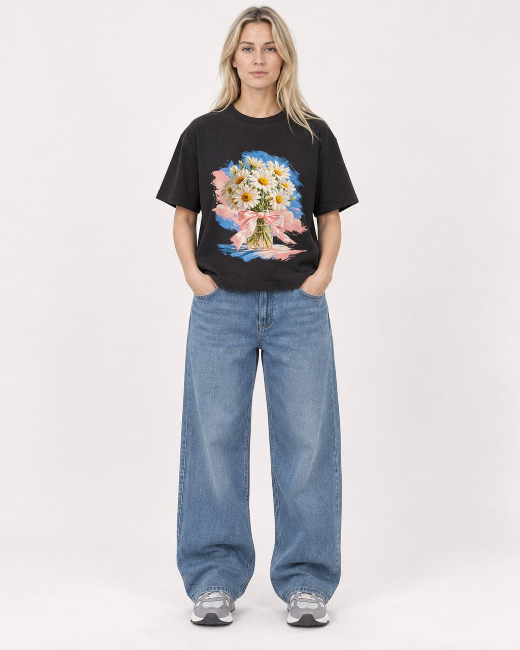 Mockup Boxy Heavyweight Tee Black female full-body 08