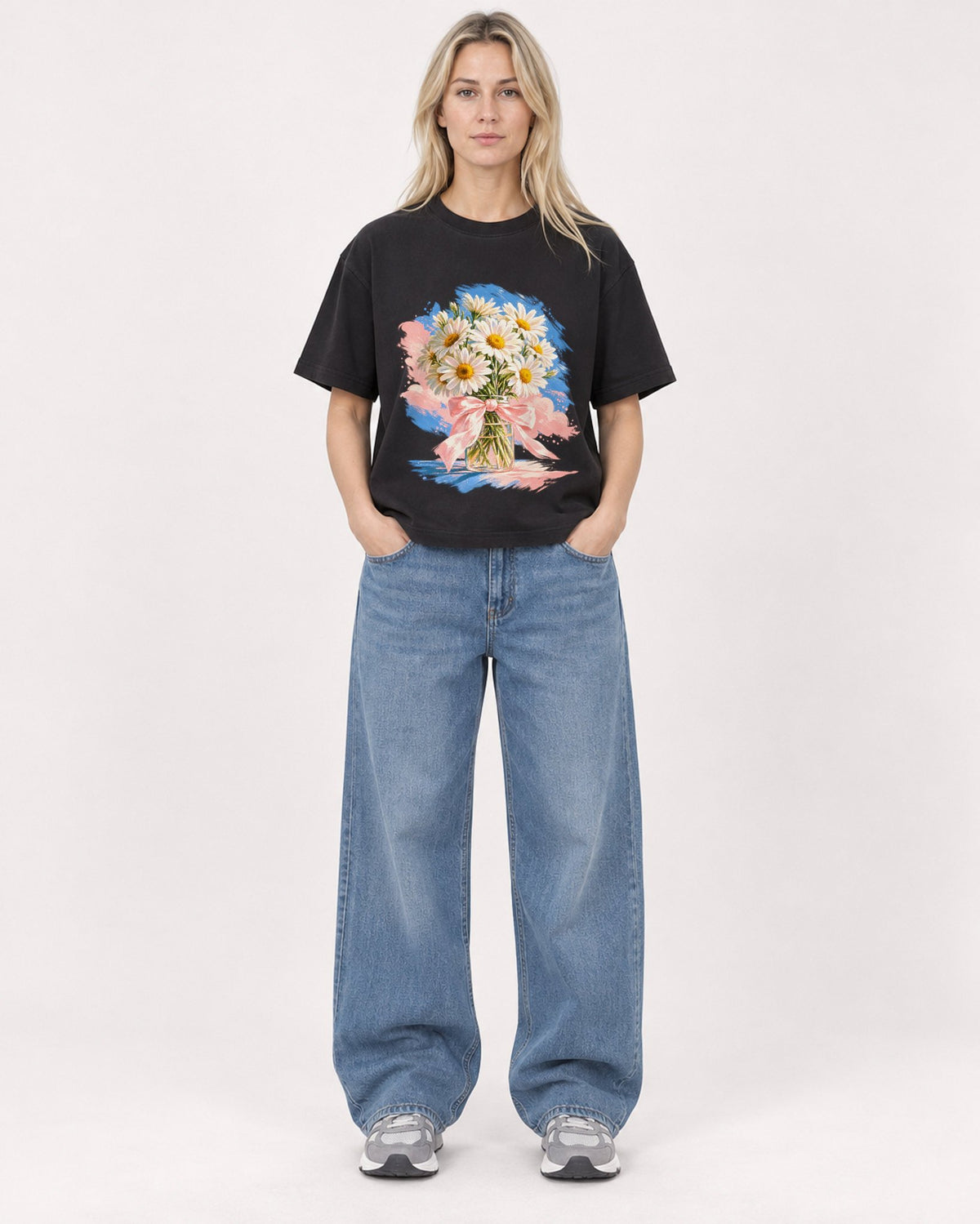 Mockup Boxy Heavyweight Tee Black female full-body 08