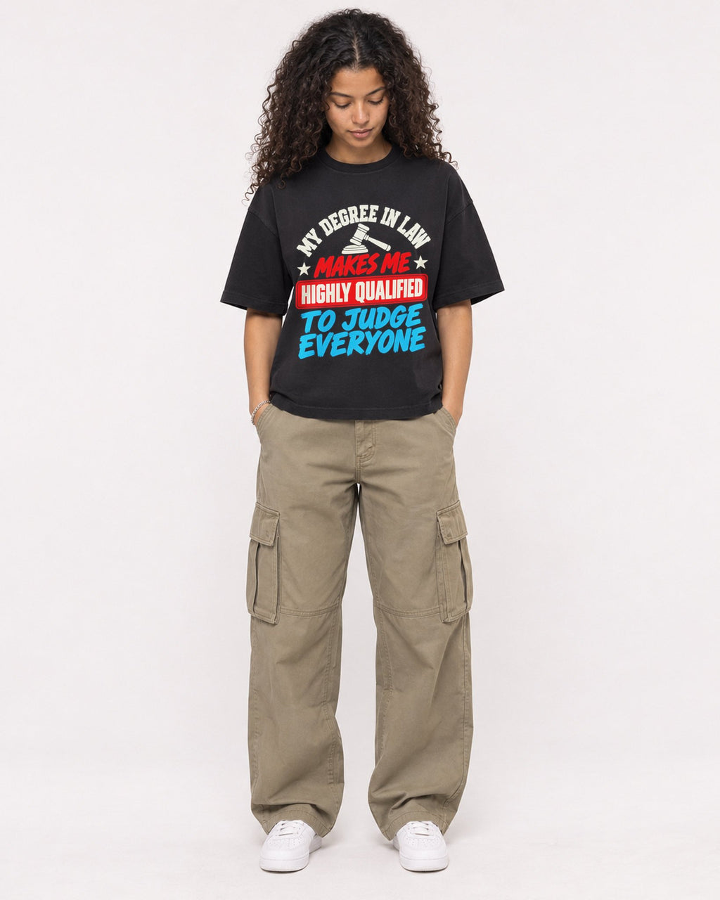 Mockup Boxy Heavyweight Tee Black female full-body 10