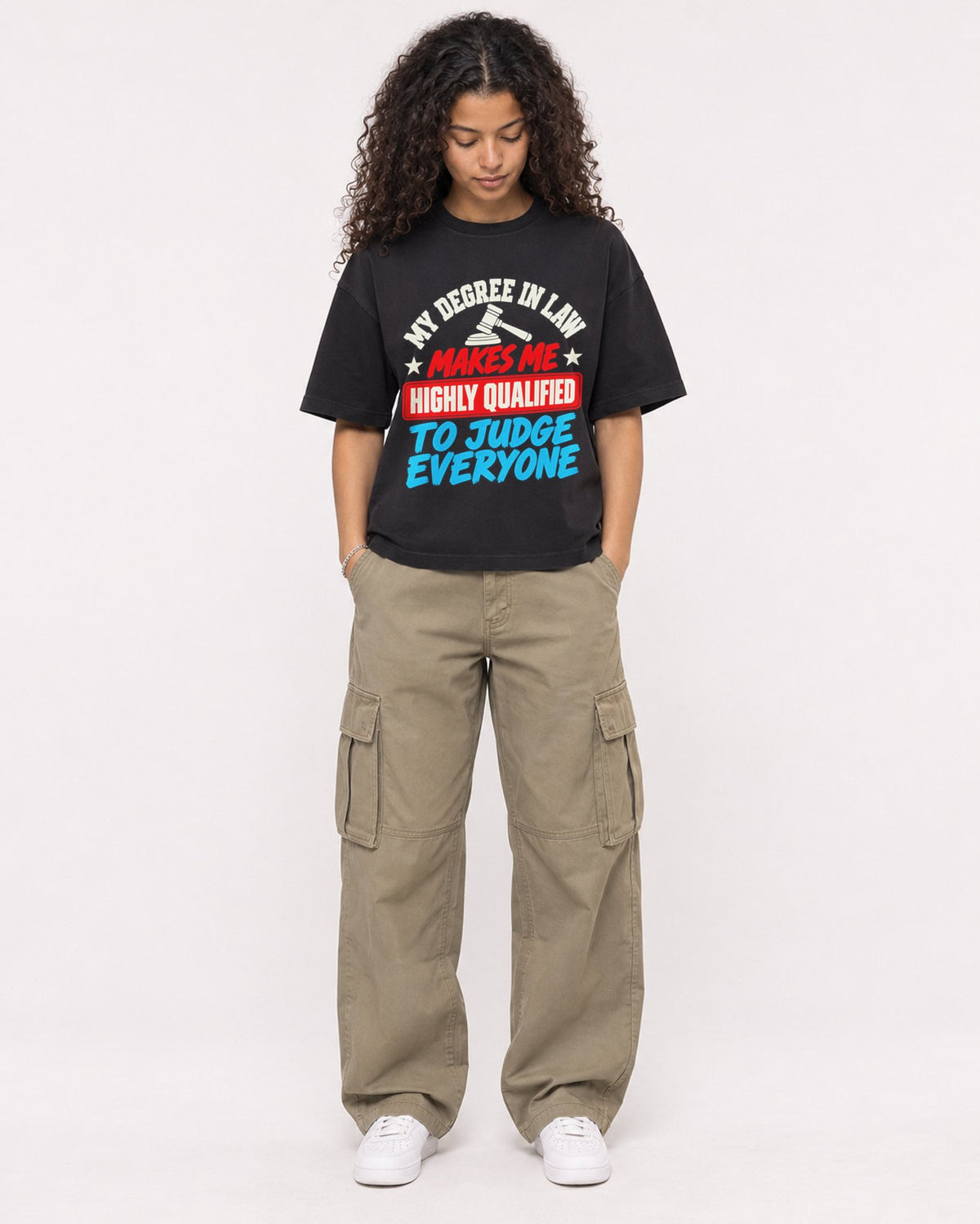 Mockup Boxy Heavyweight Tee Black female full-body 10