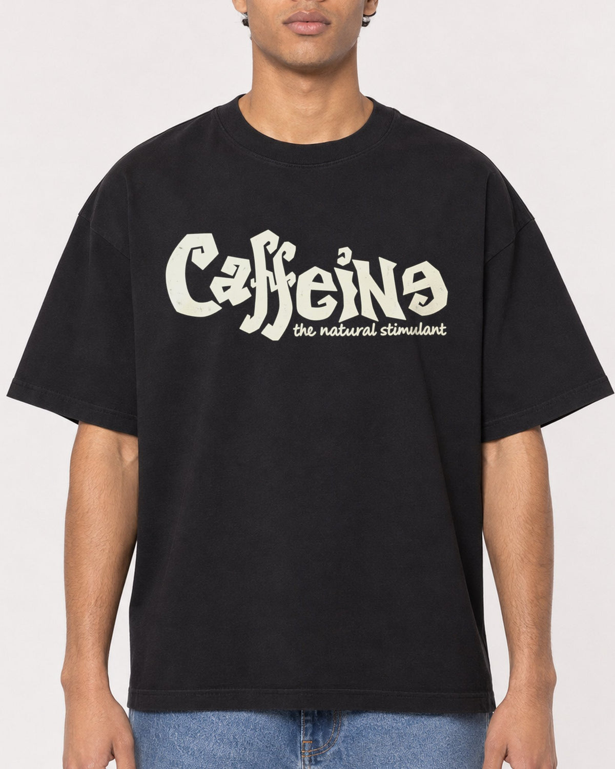 Mockup Boxy Heavyweight Tee Black male close-up 10