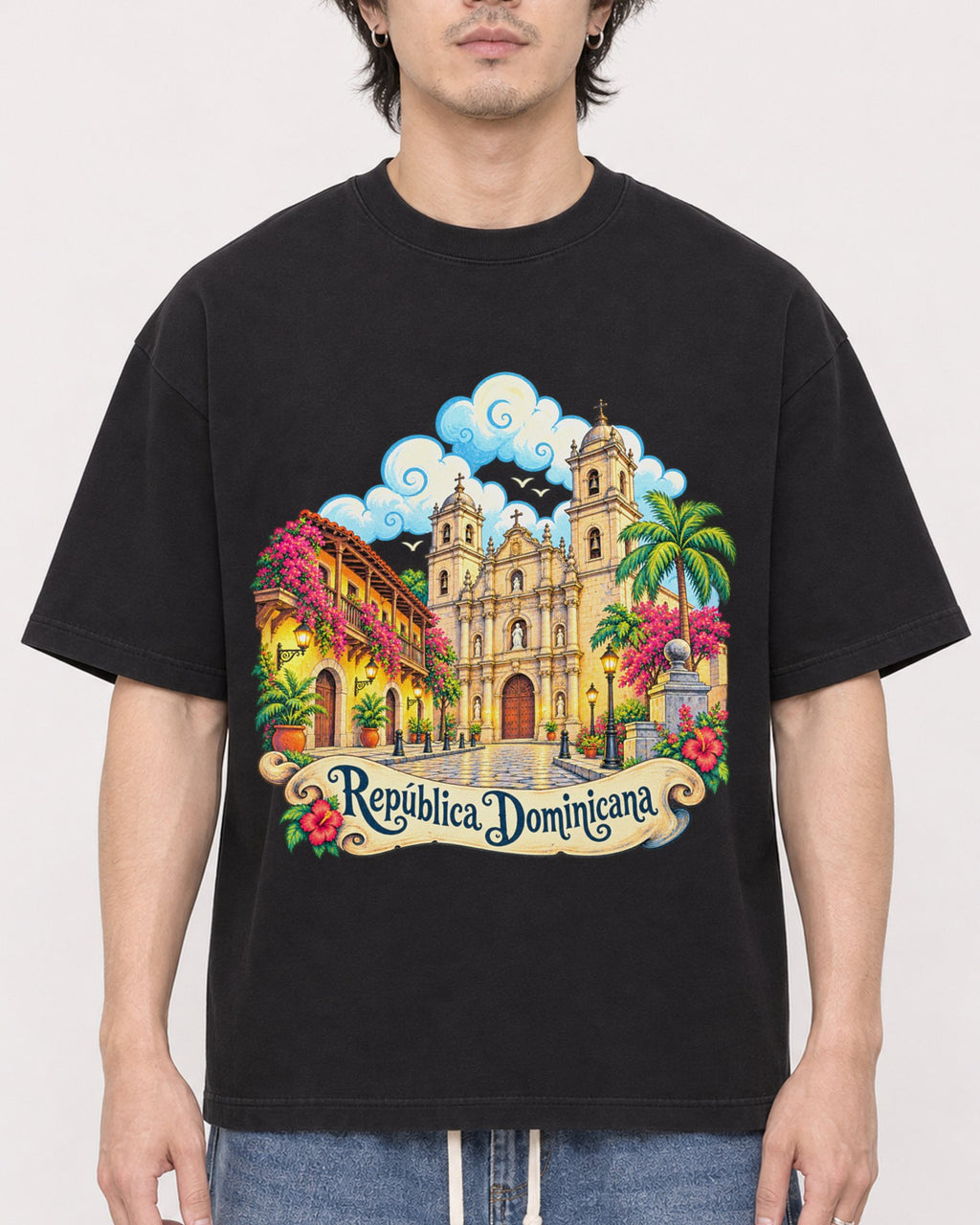 Mockup Boxy Heavyweight Tee Black male close-up 03