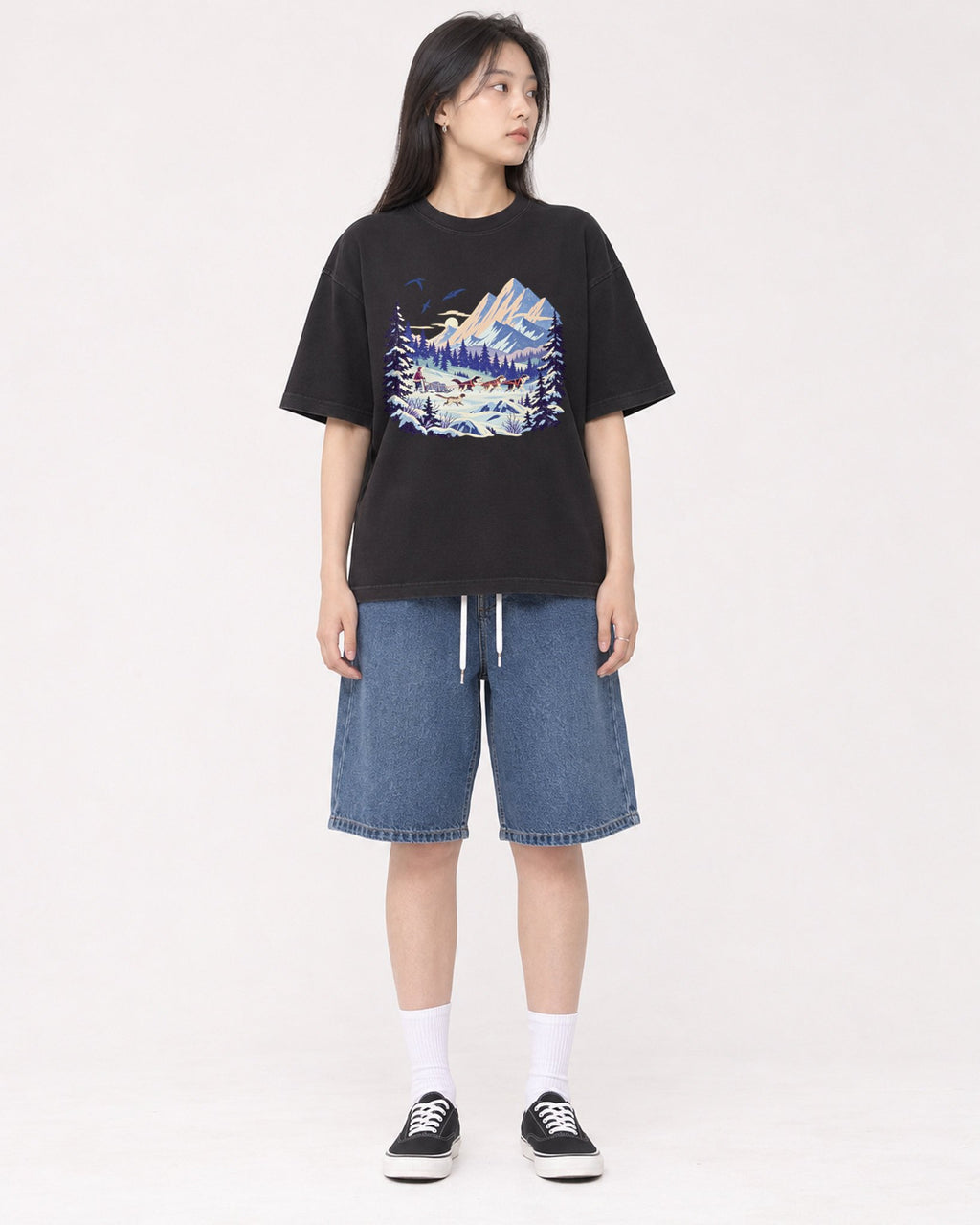 Mockup Boxy Heavyweight Tee Black female full-body 01