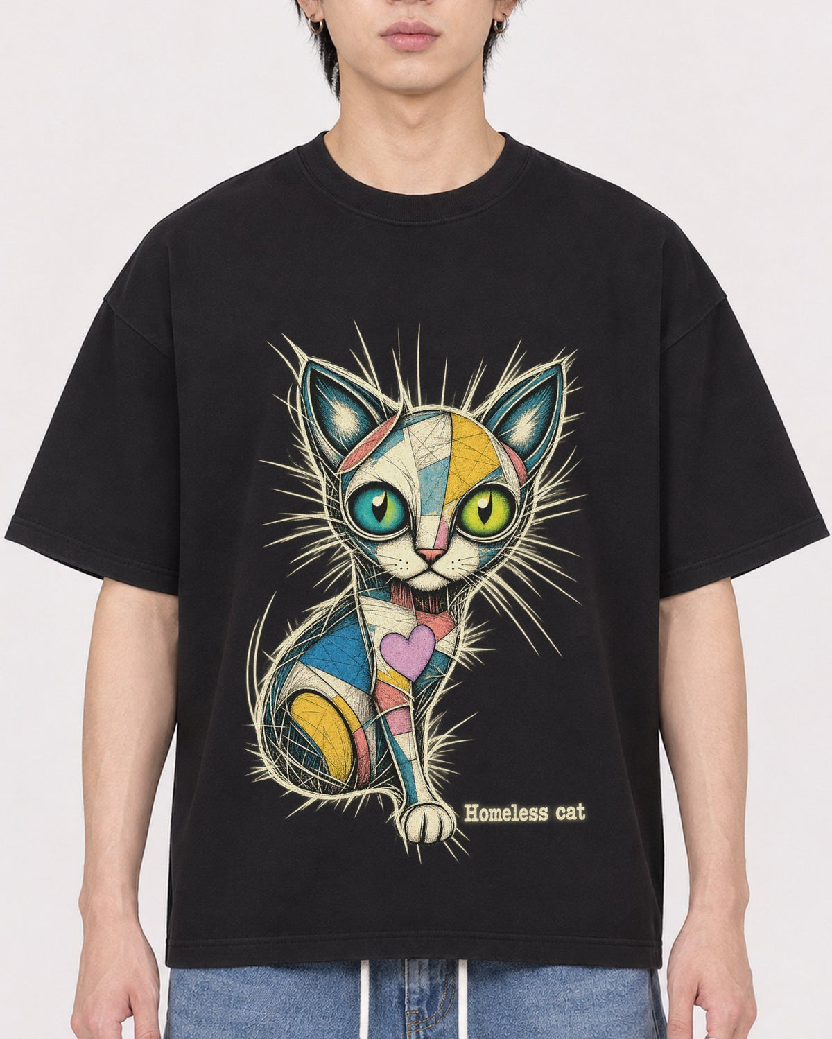 Mockup Boxy Heavyweight Tee Black male close-up 11