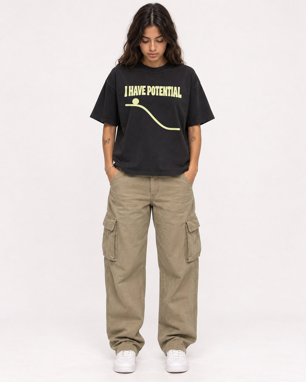 Mockup Boxy Heavyweight Tee Black female full-body 06