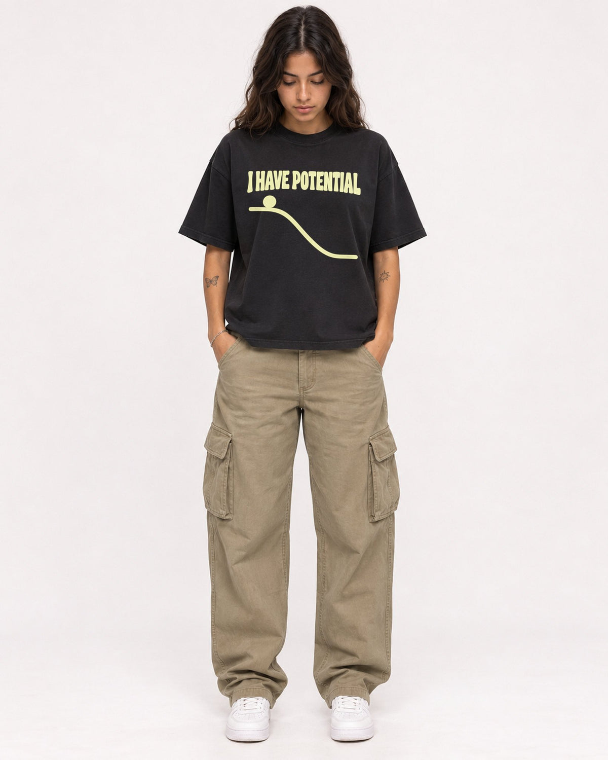 Mockup Boxy Heavyweight Tee Black female full-body 06