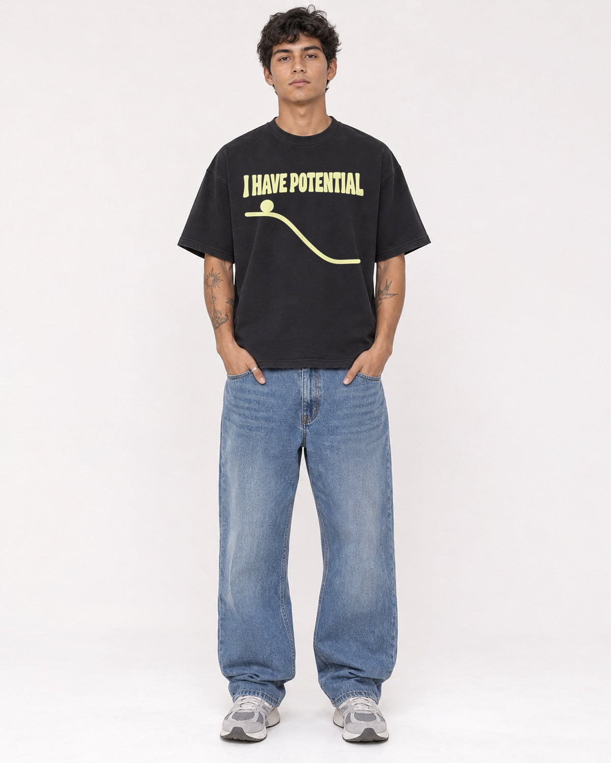 Mockup Boxy Heavyweight Tee Black male full-body 06