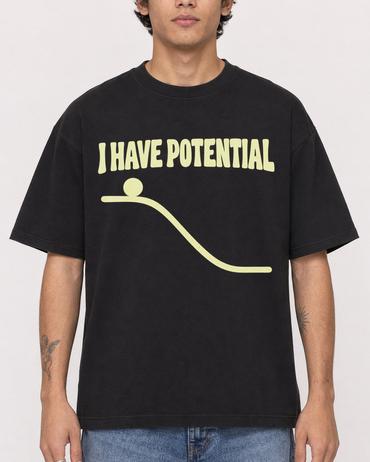 Mockup Boxy Heavyweight Tee Black male close-up 06