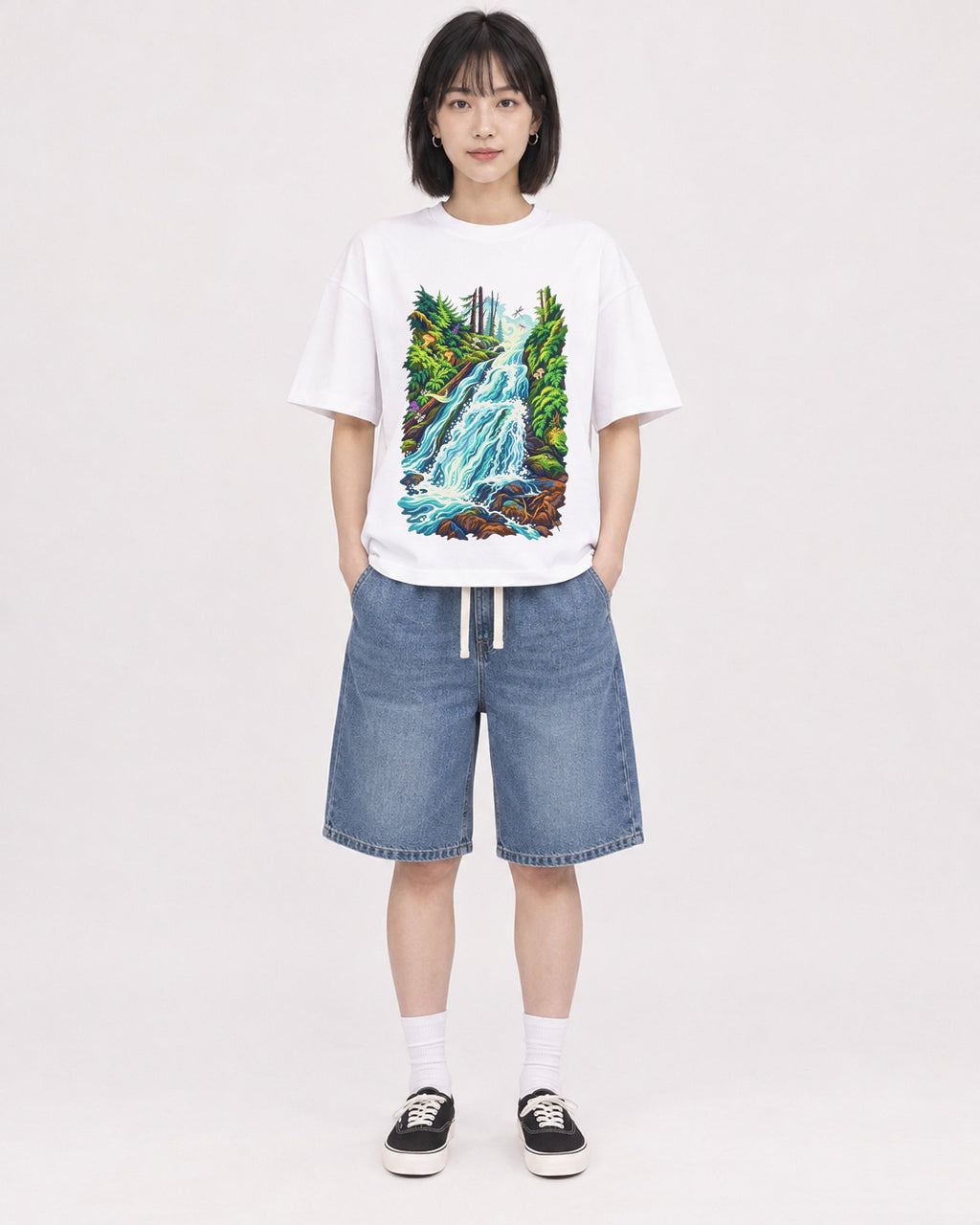 Mockup Boxy Heavyweight Tee White female full-body 11