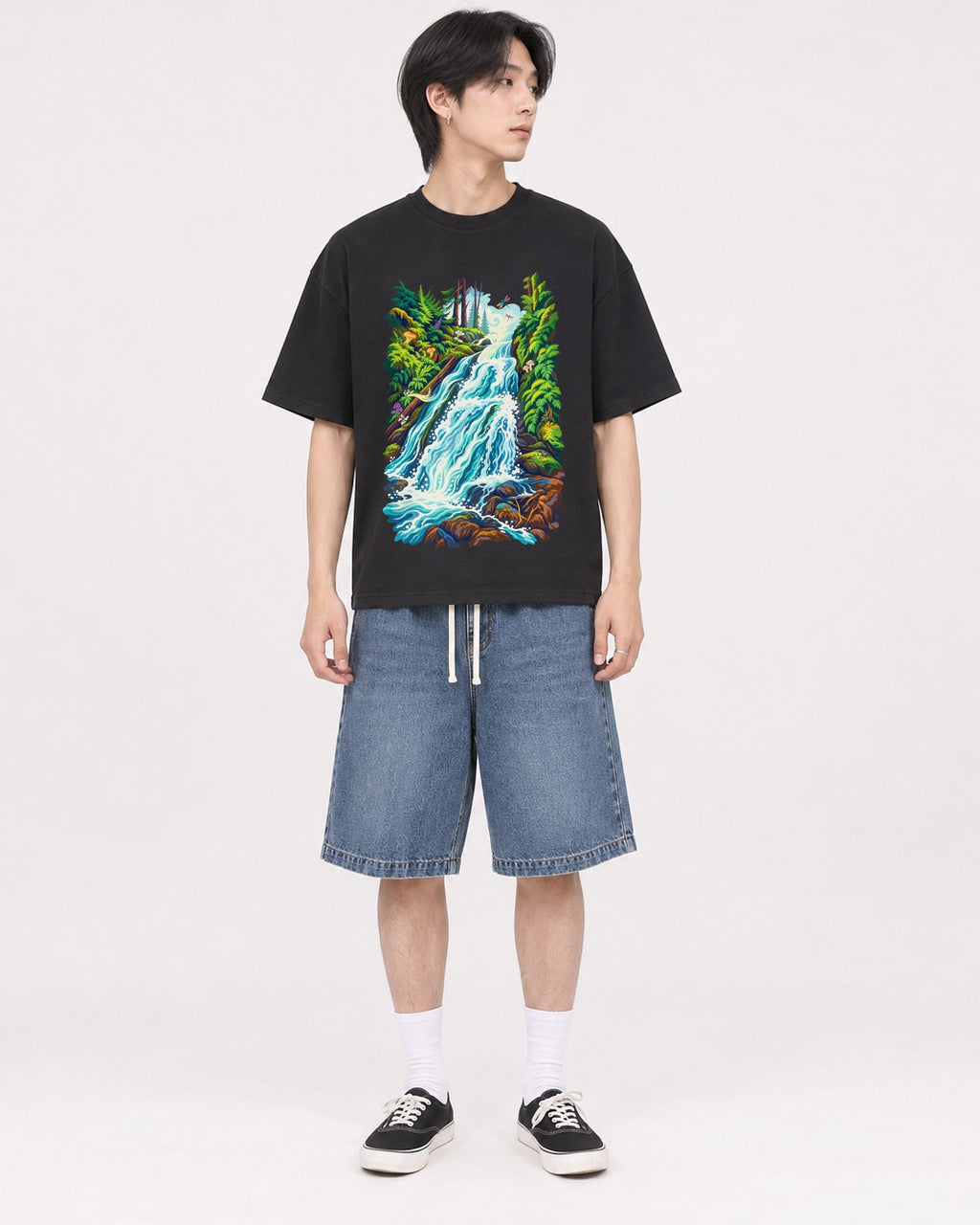 Mockup Boxy Heavyweight Tee Black male full-body 11