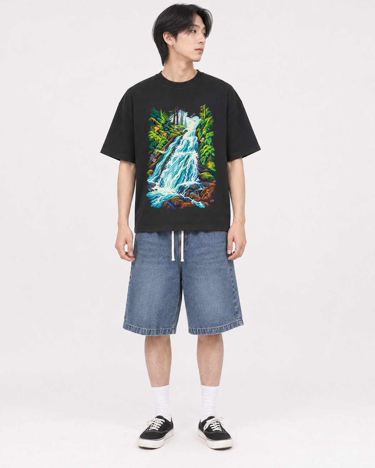 Mockup Boxy Heavyweight Tee Black male full-body 11