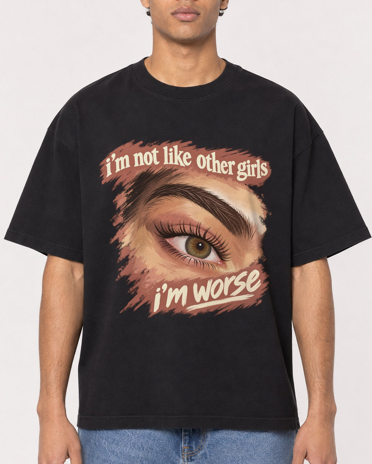 Mockup Boxy Heavyweight Tee Black male close-up 10