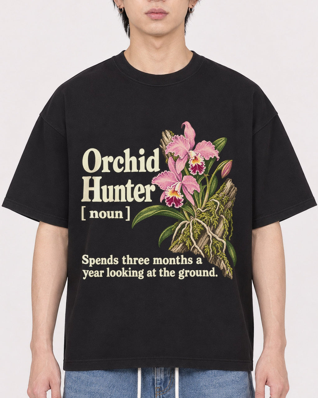 Mockup Boxy Heavyweight Tee Black male close-up 11
