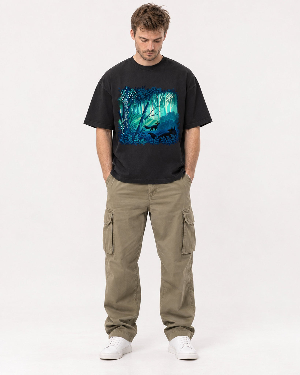 Mockup Boxy Heavyweight Tee Black male full-body 08