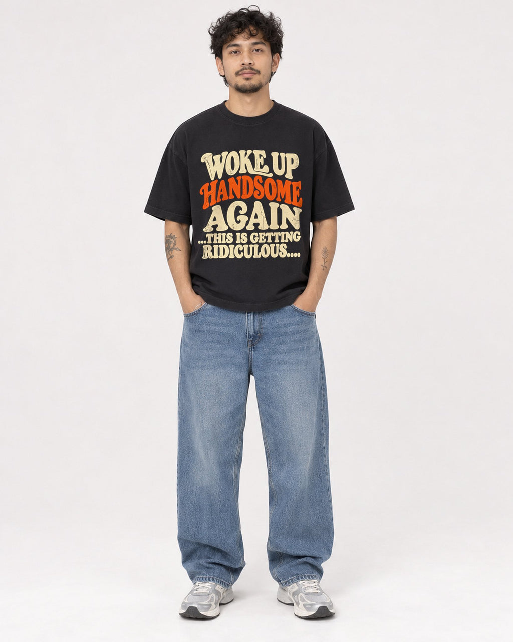 Mockup Boxy Heavyweight Tee Black male full-body 42