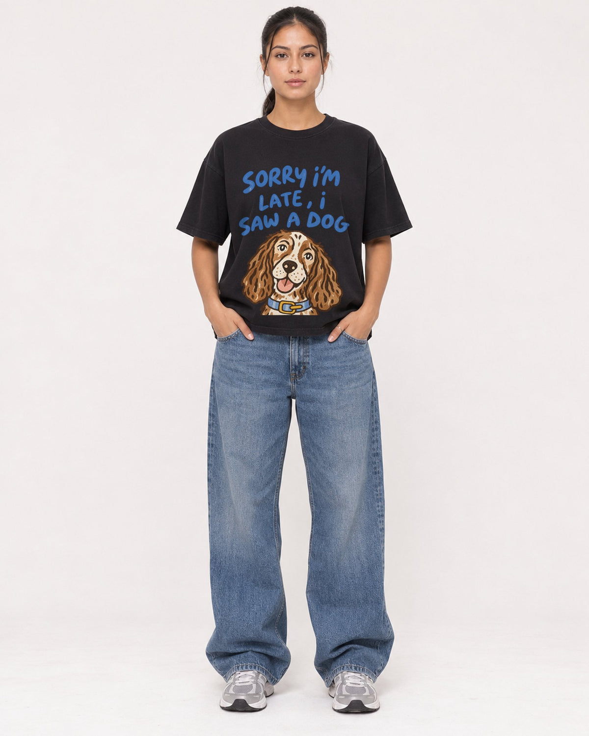 Mockup Boxy Heavyweight Tee Black female full-body 16