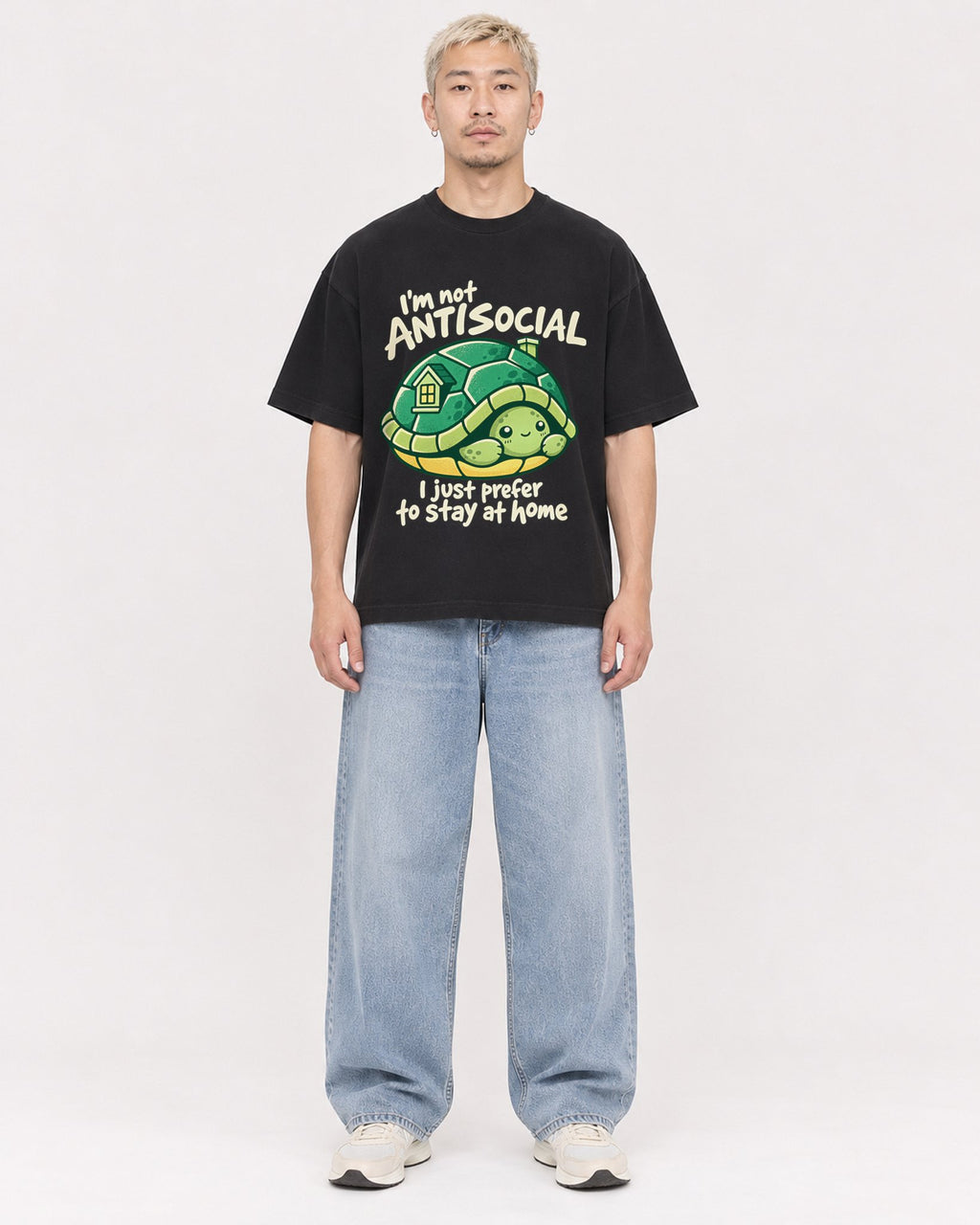 Mockup Boxy Heavyweight Tee Black male full-body 33