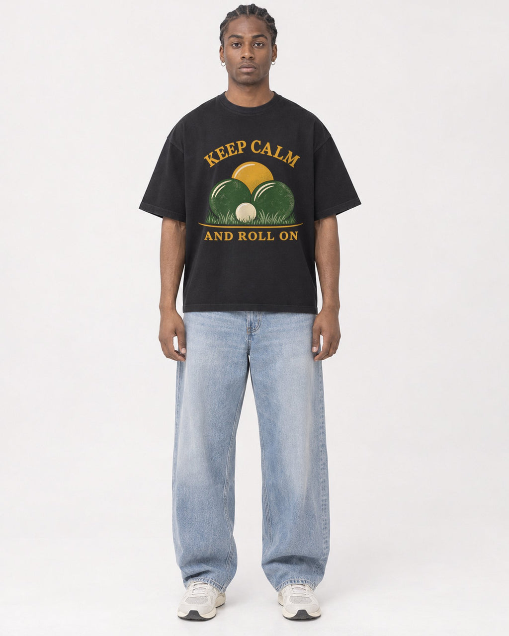 Mockup Boxy Heavyweight Tee Black male full-body 25