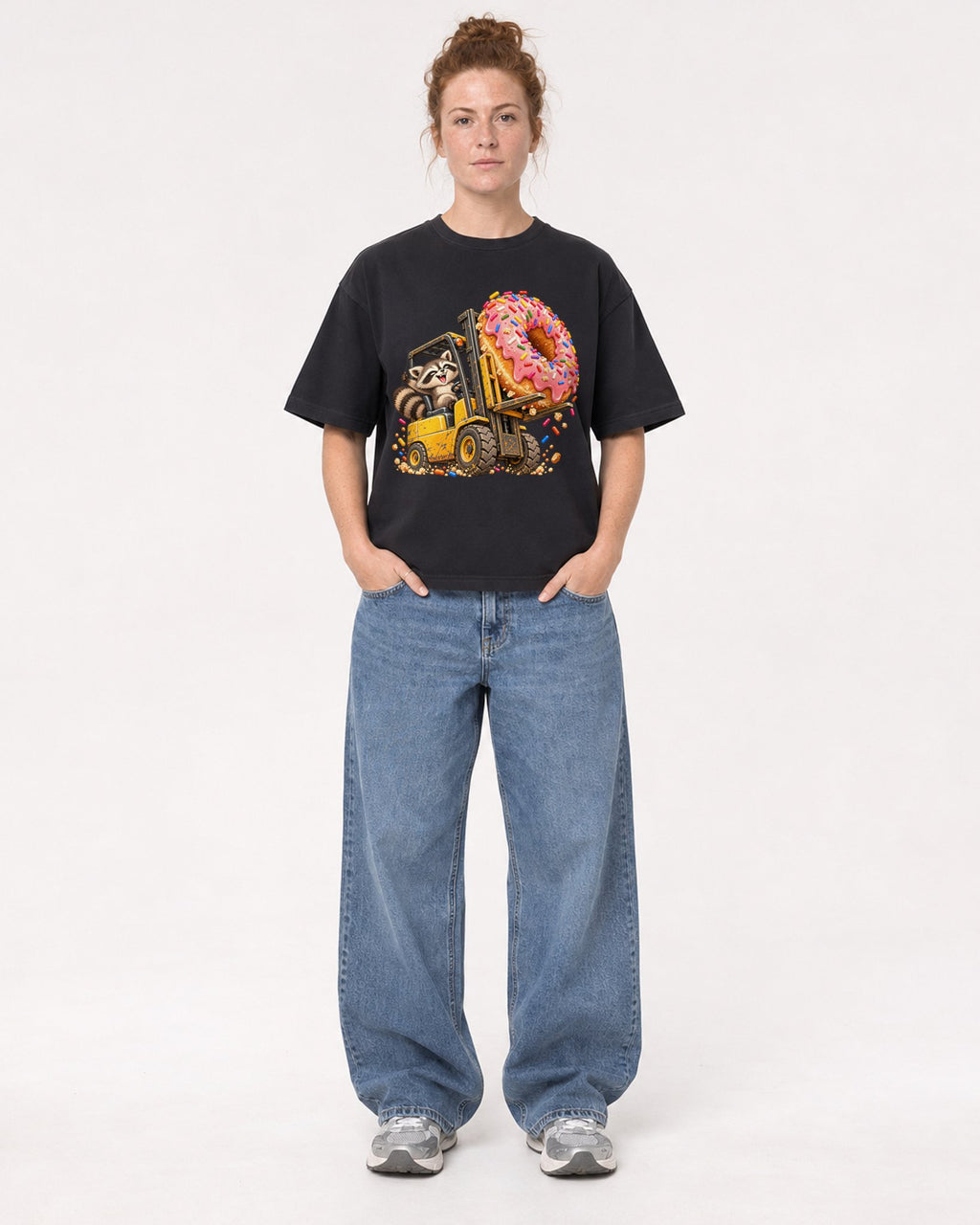 Mockup Boxy Heavyweight Tee Black female full-body 28