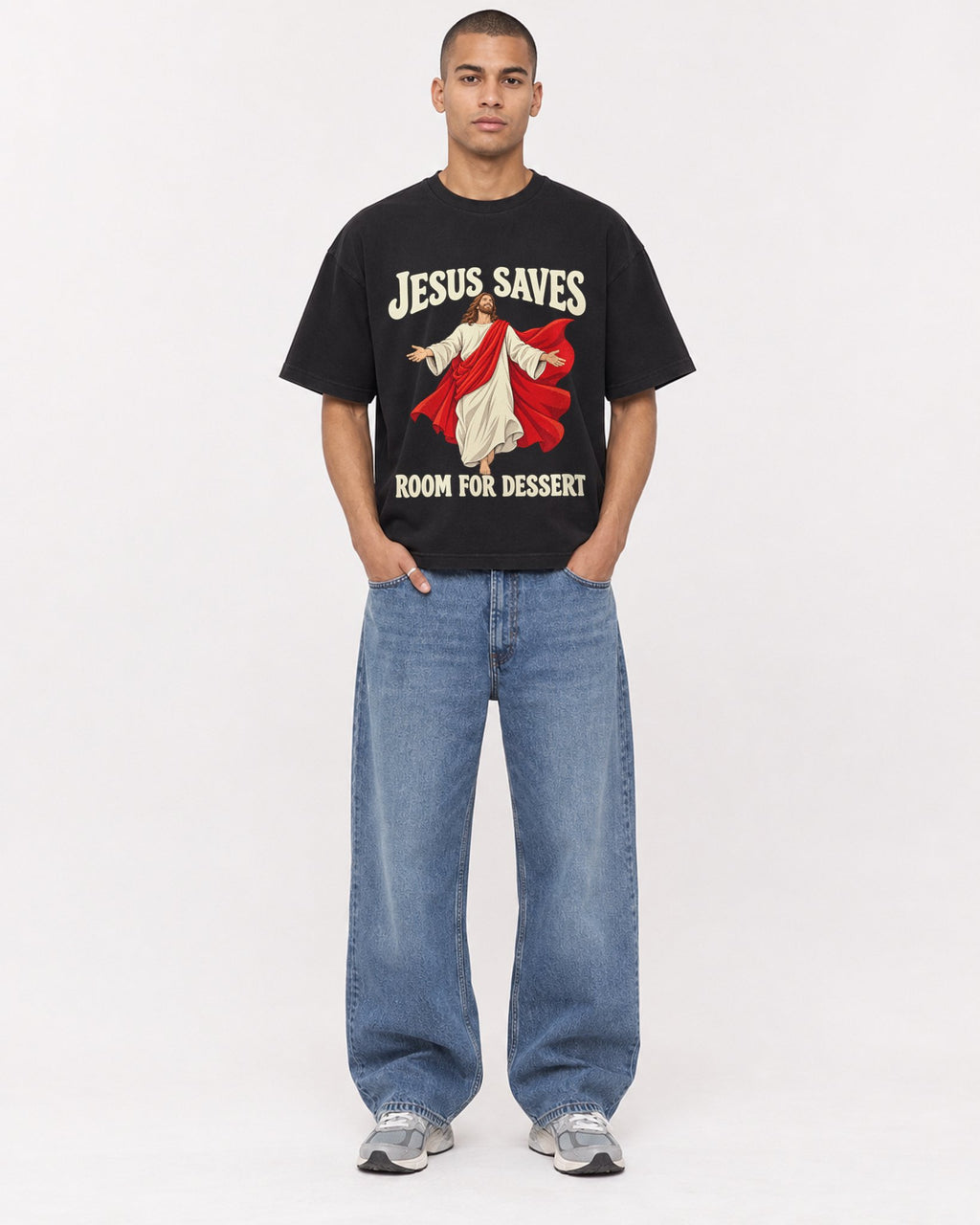 Mockup Boxy Heavyweight Tee Black male full-body 50