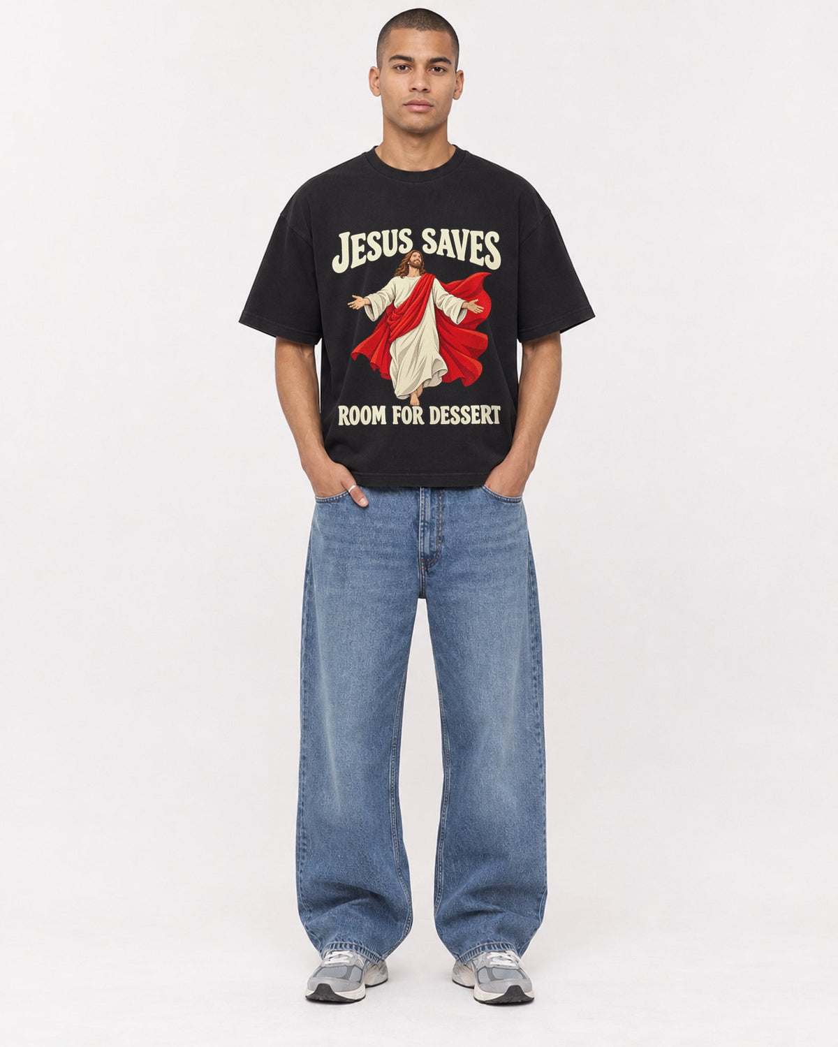 Mockup Boxy Heavyweight Tee Black male full-body 50