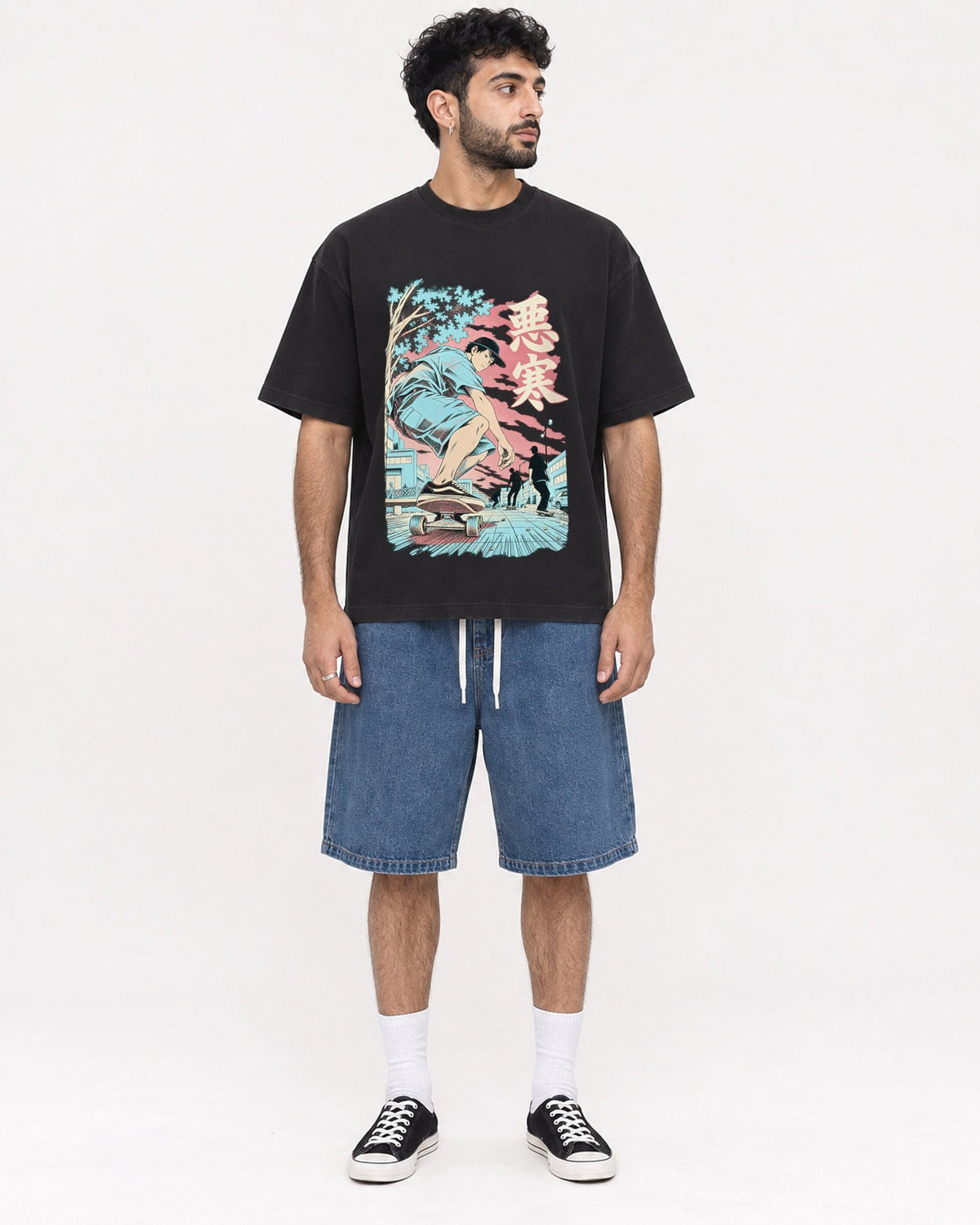 Mockup Boxy Heavyweight Tee Black male full-body 07