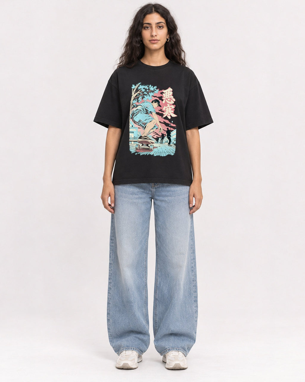 Mockup Boxy Heavyweight Tee Black female full-body 07