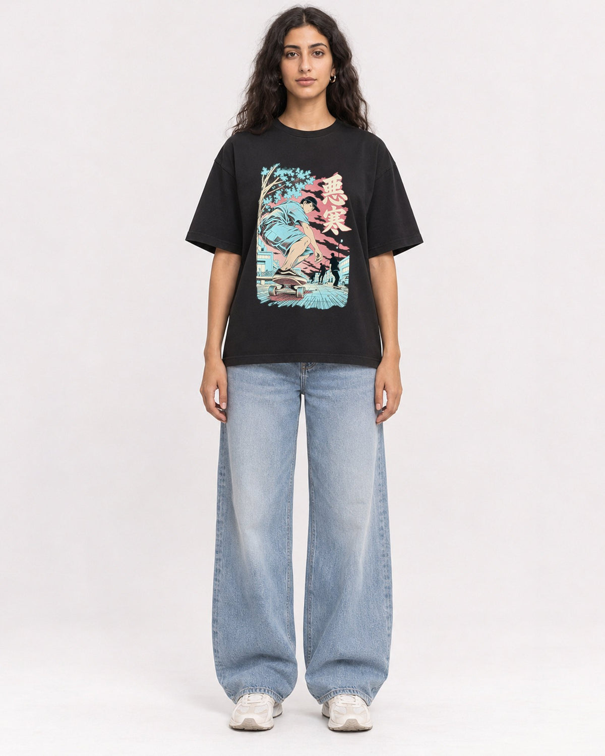 Mockup Boxy Heavyweight Tee Black female full-body 07