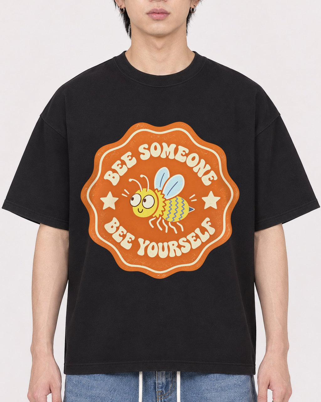 Mockup Boxy Heavyweight Tee Black male close-up 11