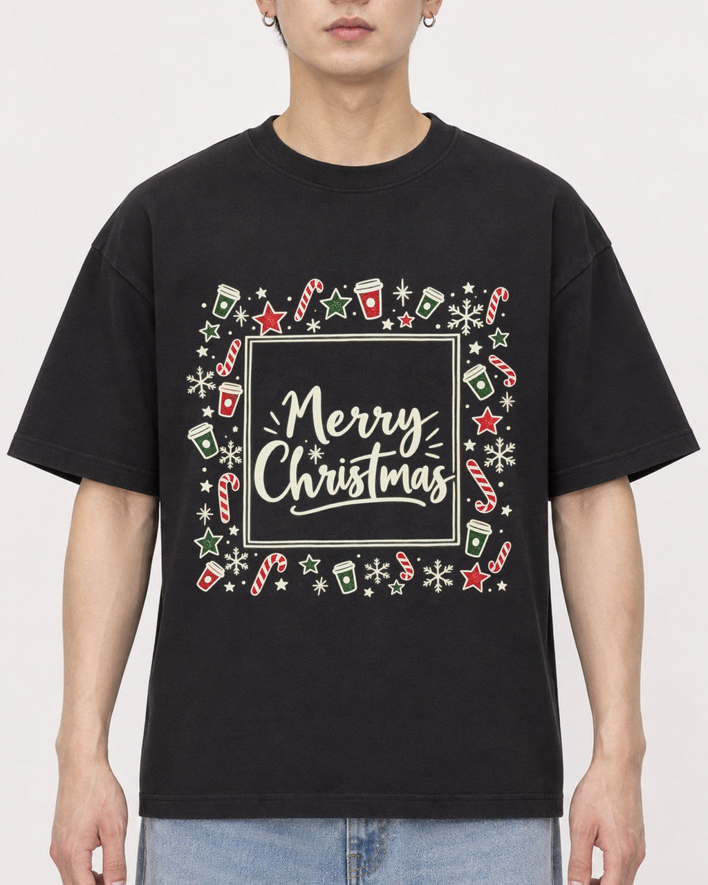 Mockup Boxy Heavyweight Tee Black male close-up 01